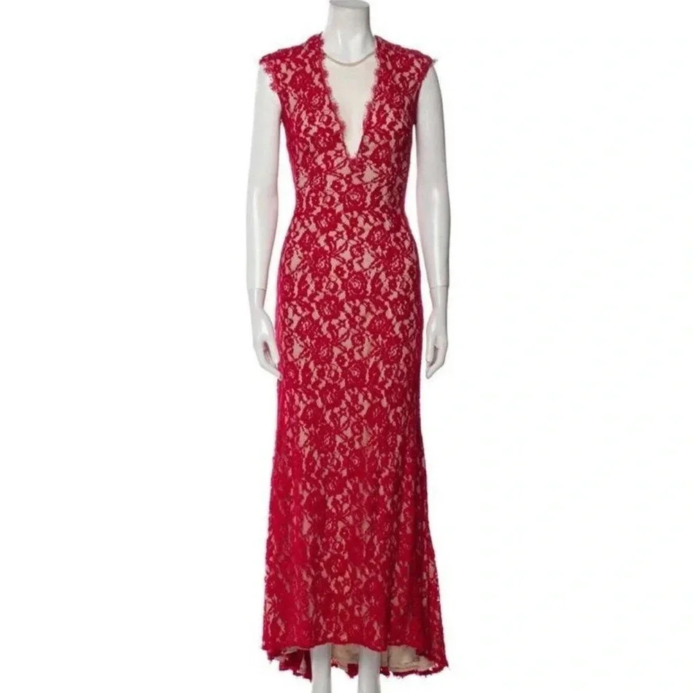 Aidan Mattox Floral Lace Mesh Deep V-Neck Maxi Dress Size 2 Regency-core - Picture 2 of 14